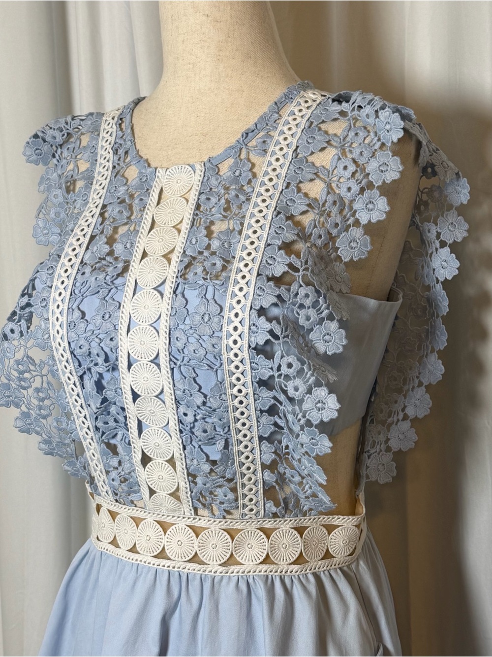 Self-Portrait Floral Vine Mini Dress Blue Guipure Lace Pockets Size US 2 - Picture 9 of 16